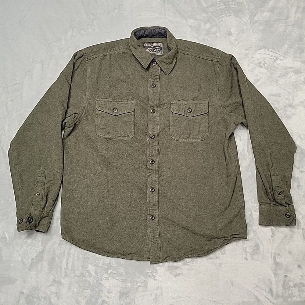 Grizzly Mountain Shirt Mens Large Olive Green Flannel Button Down Cotton Work